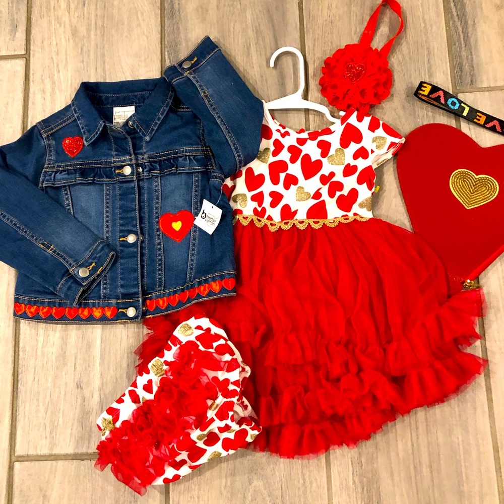 Red Heart Dress and Denim Jacket Set